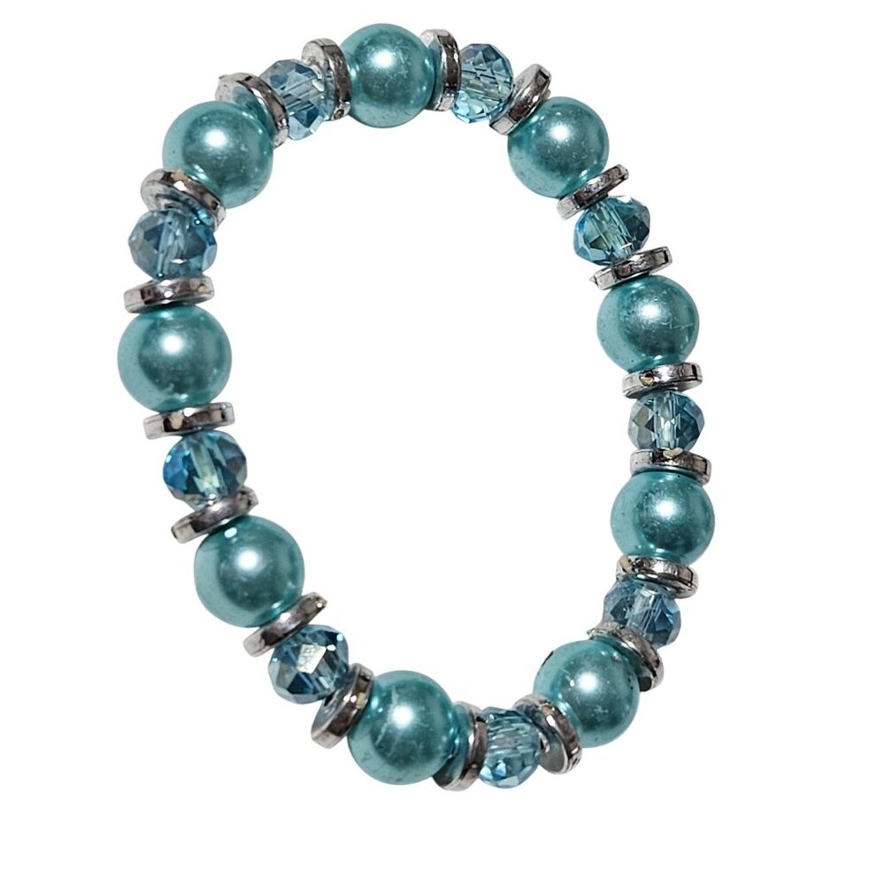 Retro Elegant Blue Faux Pearl Crystal Bead Stretch Bracelet 50s 60s Fashion